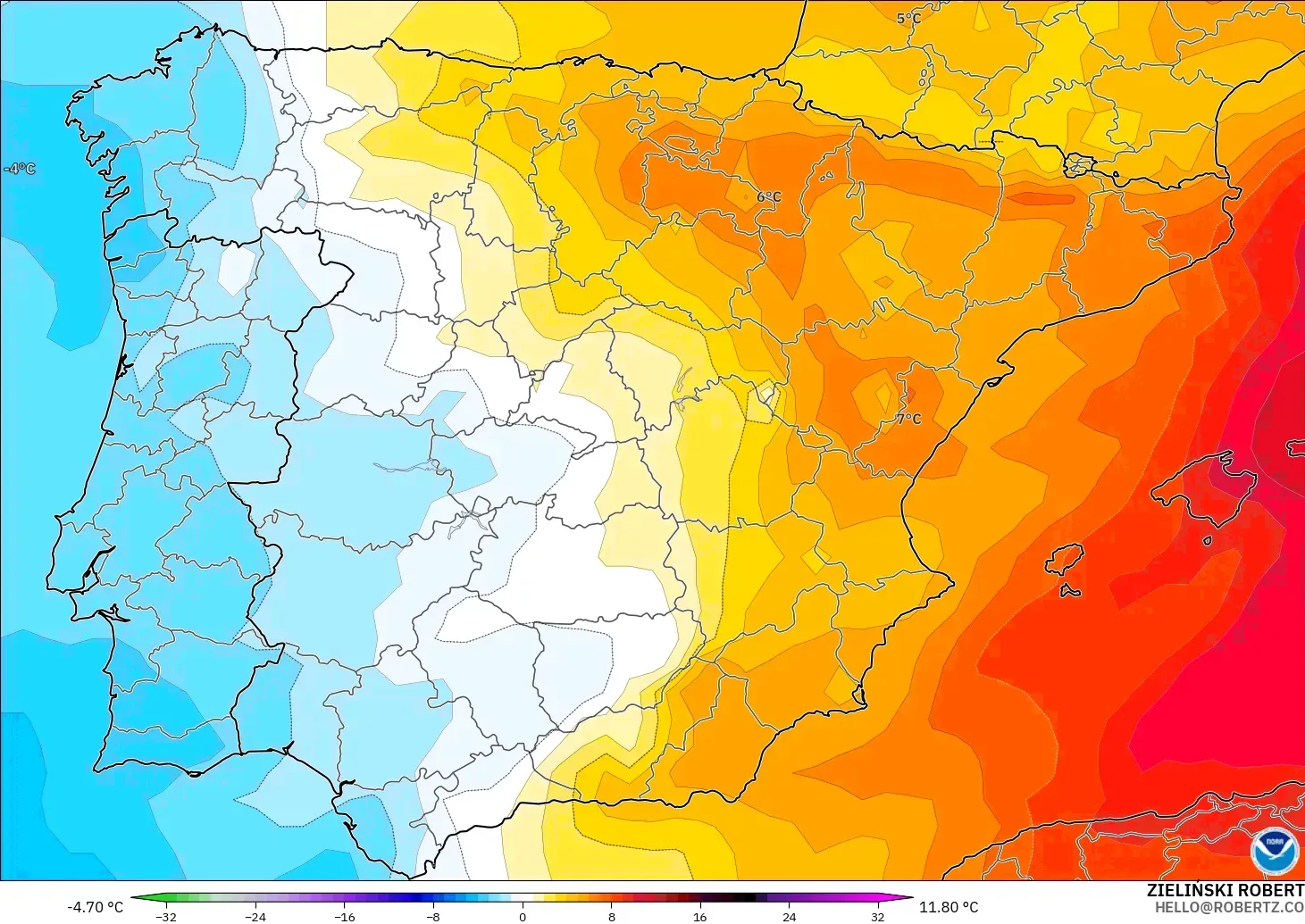 GFS modelo - España, Anomalía de temperatura a 850 hPa