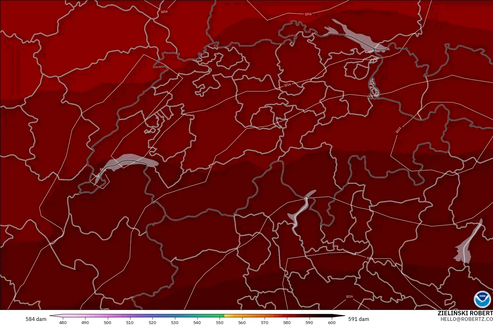 GFS modelo - Suiza, Altura geopotencial a 500 hPa