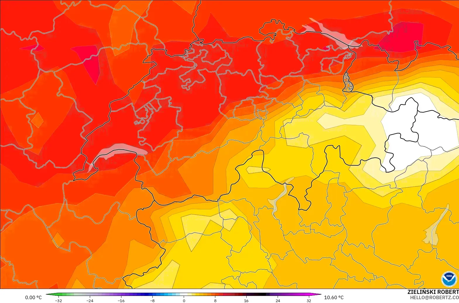 GFS modelo - Suiza, Anomalía de temperatura a 850 hPa