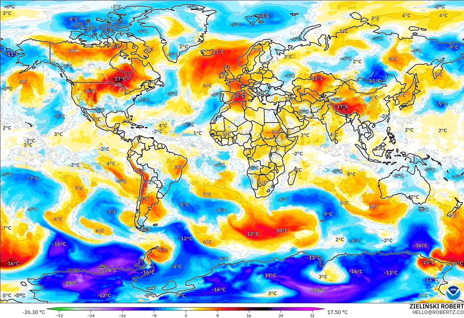 GFS modelo - Mundo, Anomalía de temperatura a 850 hPa