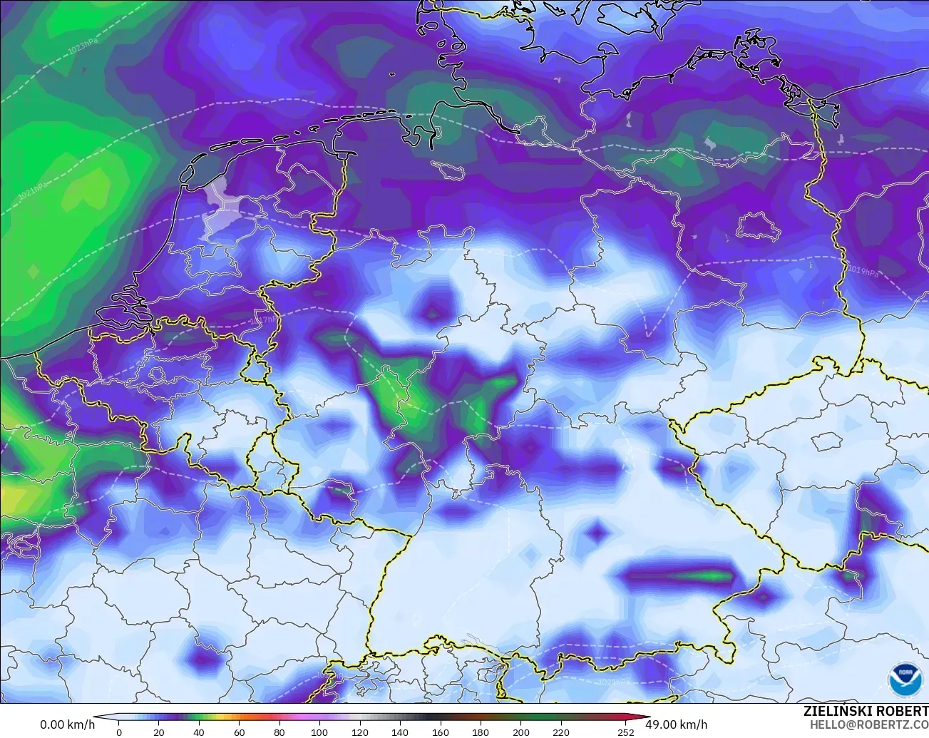 GFS modelo - Alemania, Ráfagas de Viento Máximas