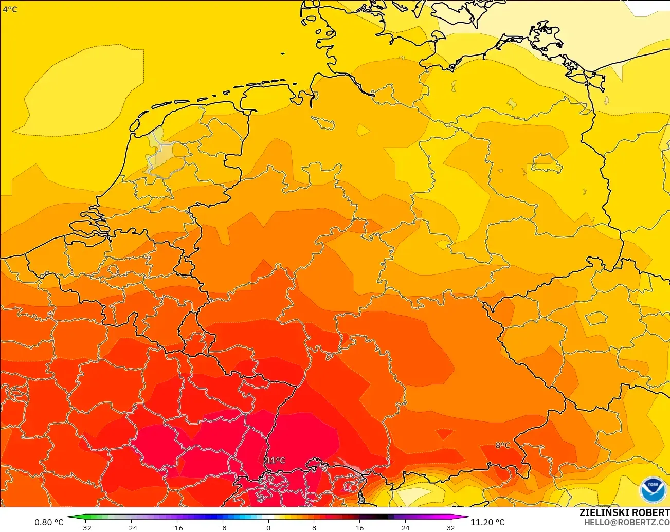 GFS modelo - Alemania, Anomalía de temperatura a 850 hPa