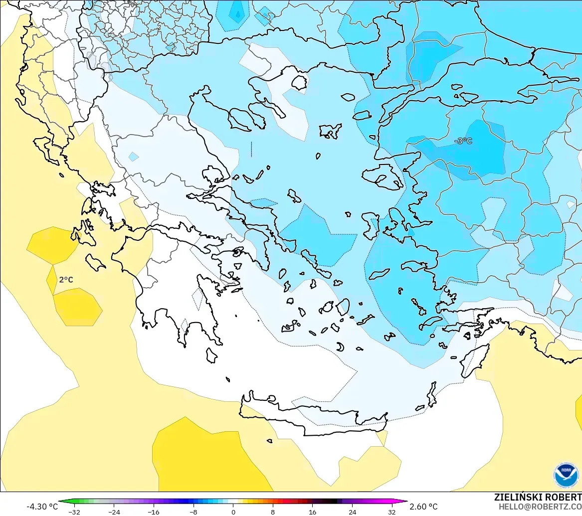 GFS modelo - Grecia, Anomalía de temperatura a 850 hPa