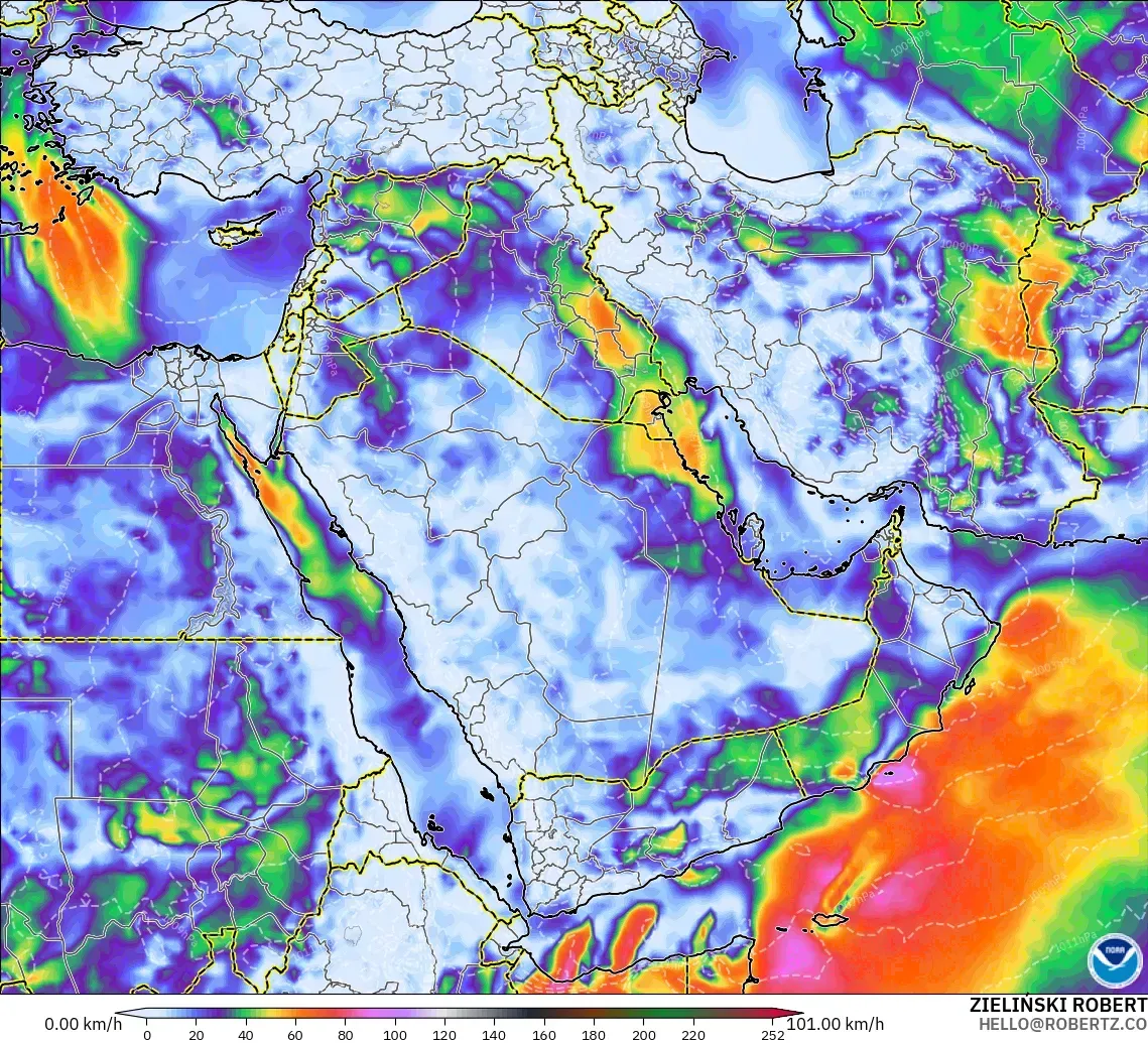 GFS modelo - Oriente Medio, Ráfagas de Viento Máximas