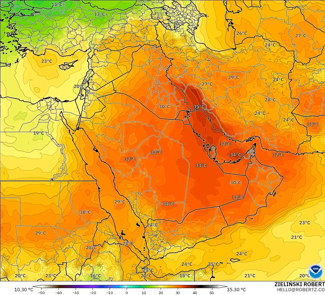 GFS modelo - Oriente Medio, Temperatura a 850 hPa