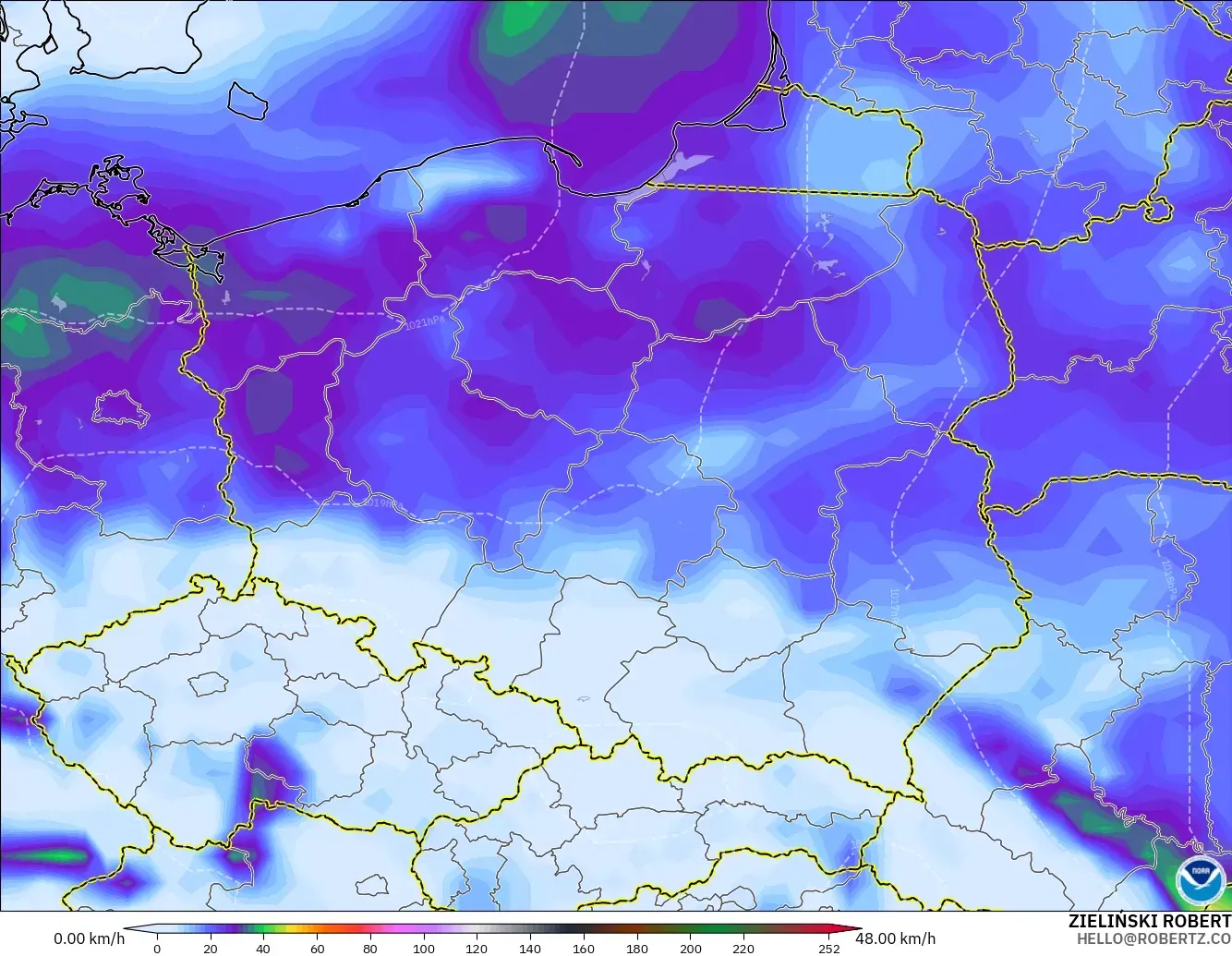 GFS modelo - Polonia, Ráfagas de viento