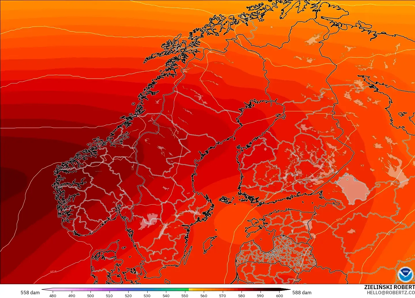 GFS modelo - Escandinavia, Altura geopotencial a 500 hPa