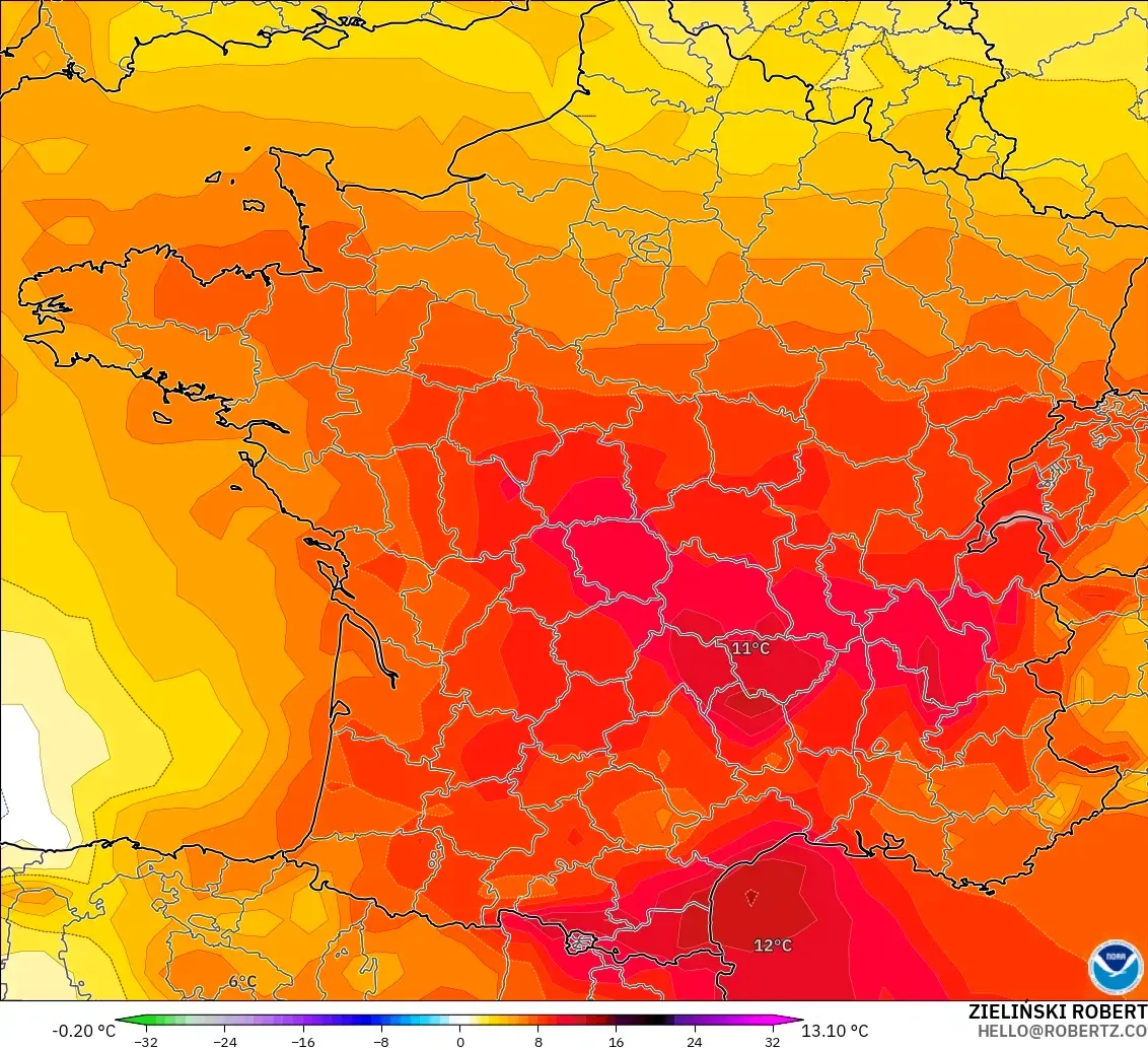 GFS modelo - Francia, Anomalía de temperatura a 850 hPa