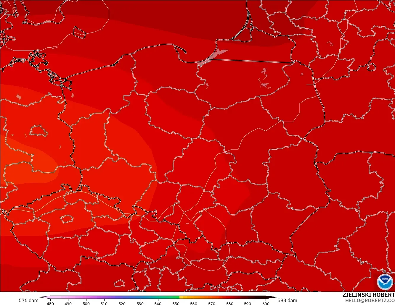 GFS modelo - Polonia, Altura geopotencial a 500 hPa
