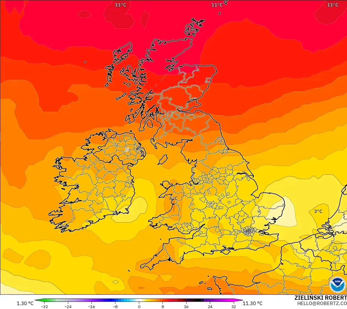GFS modelo - Reino Unido, Anomalía de temperatura a 850 hPa