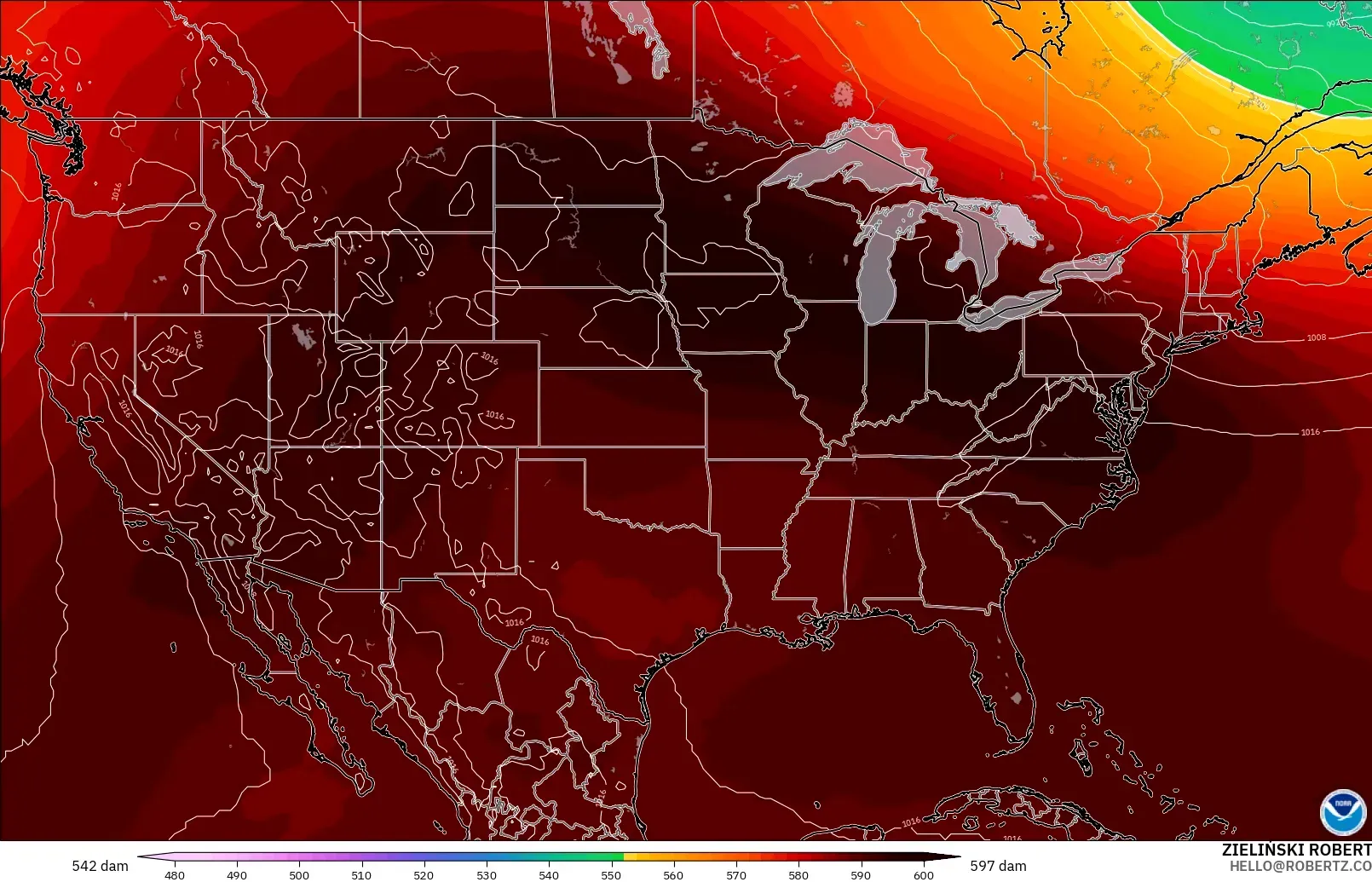 GFS modelo - Estados Unidos, Altura geopotencial a 500 hPa