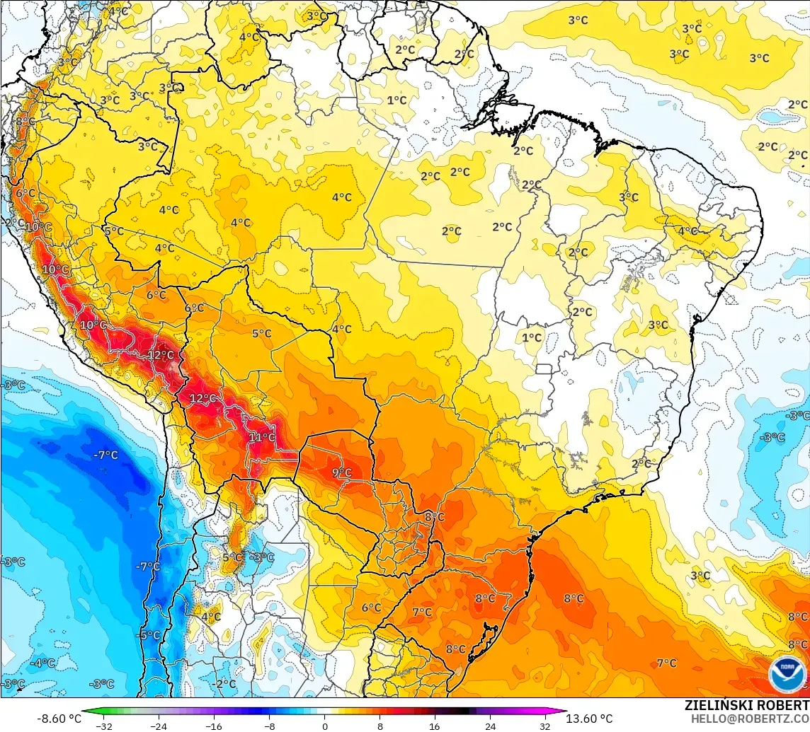 GFS modelo - Brasil, Anomalía de temperatura a 850 hPa