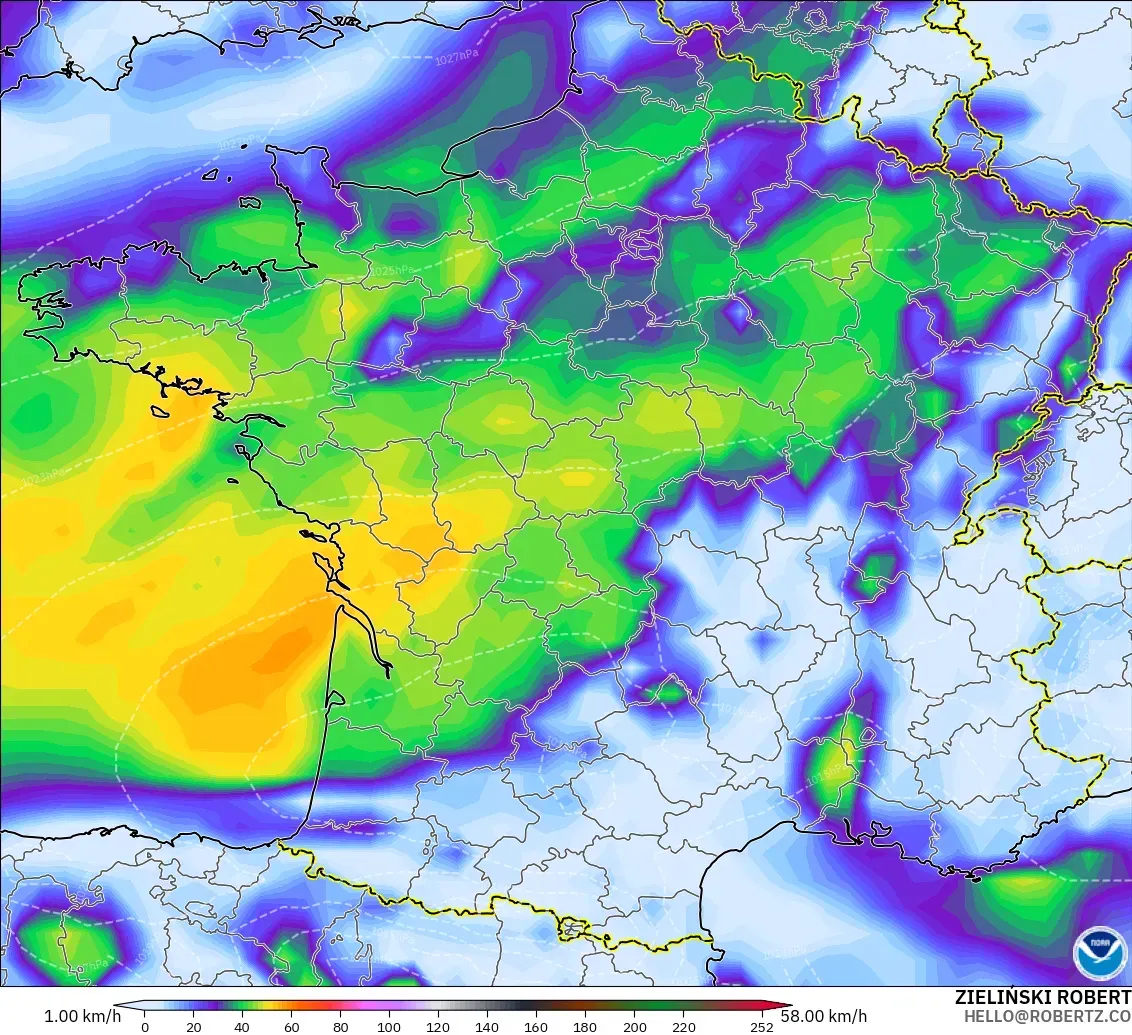 GFS modelo - Francia, Ráfagas de viento