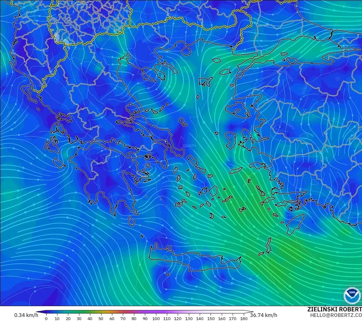 GFS modelo - Grecia, Viento a 10 m