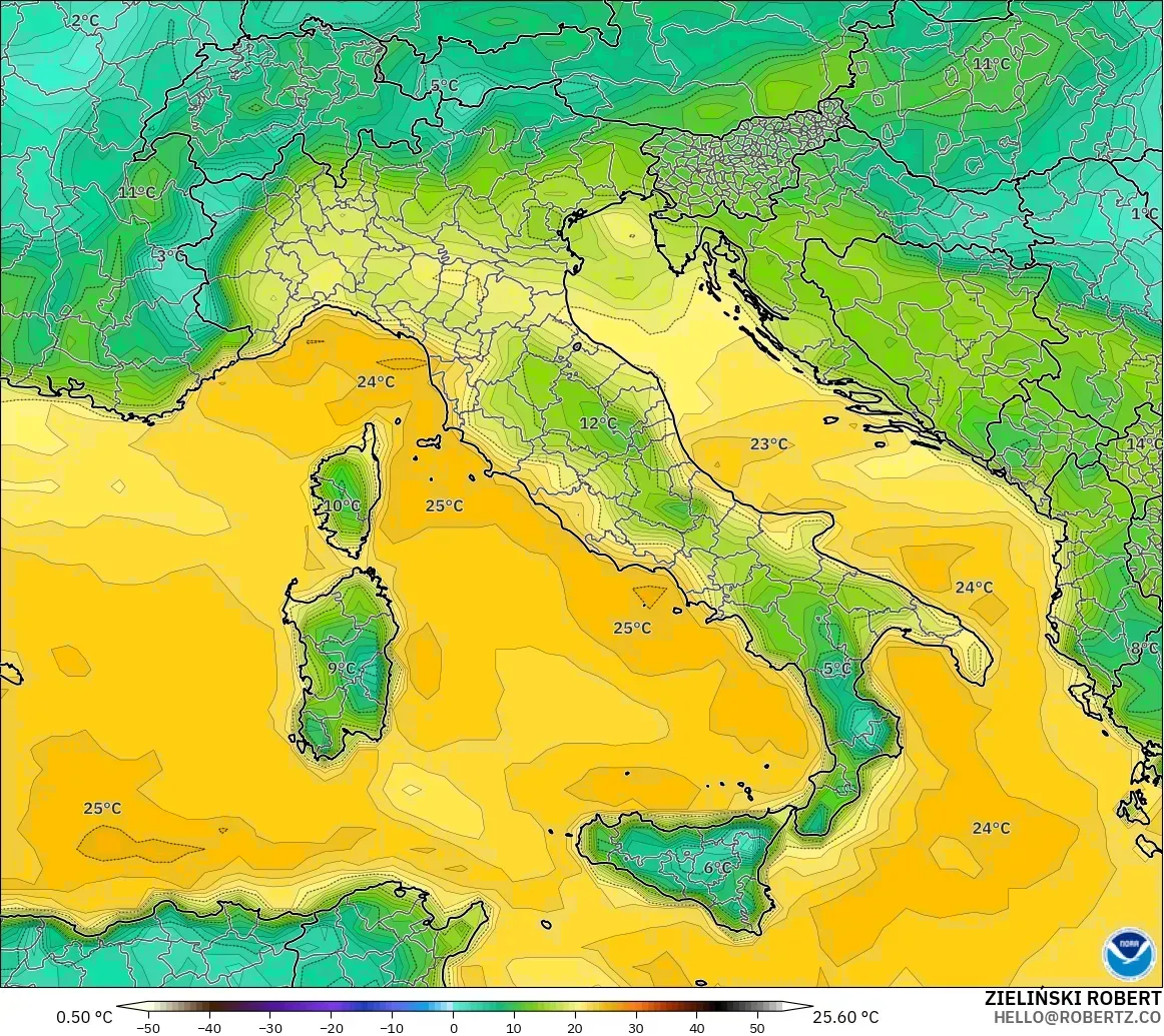GFS modelo - Italia, Punto de rocío a 2 m