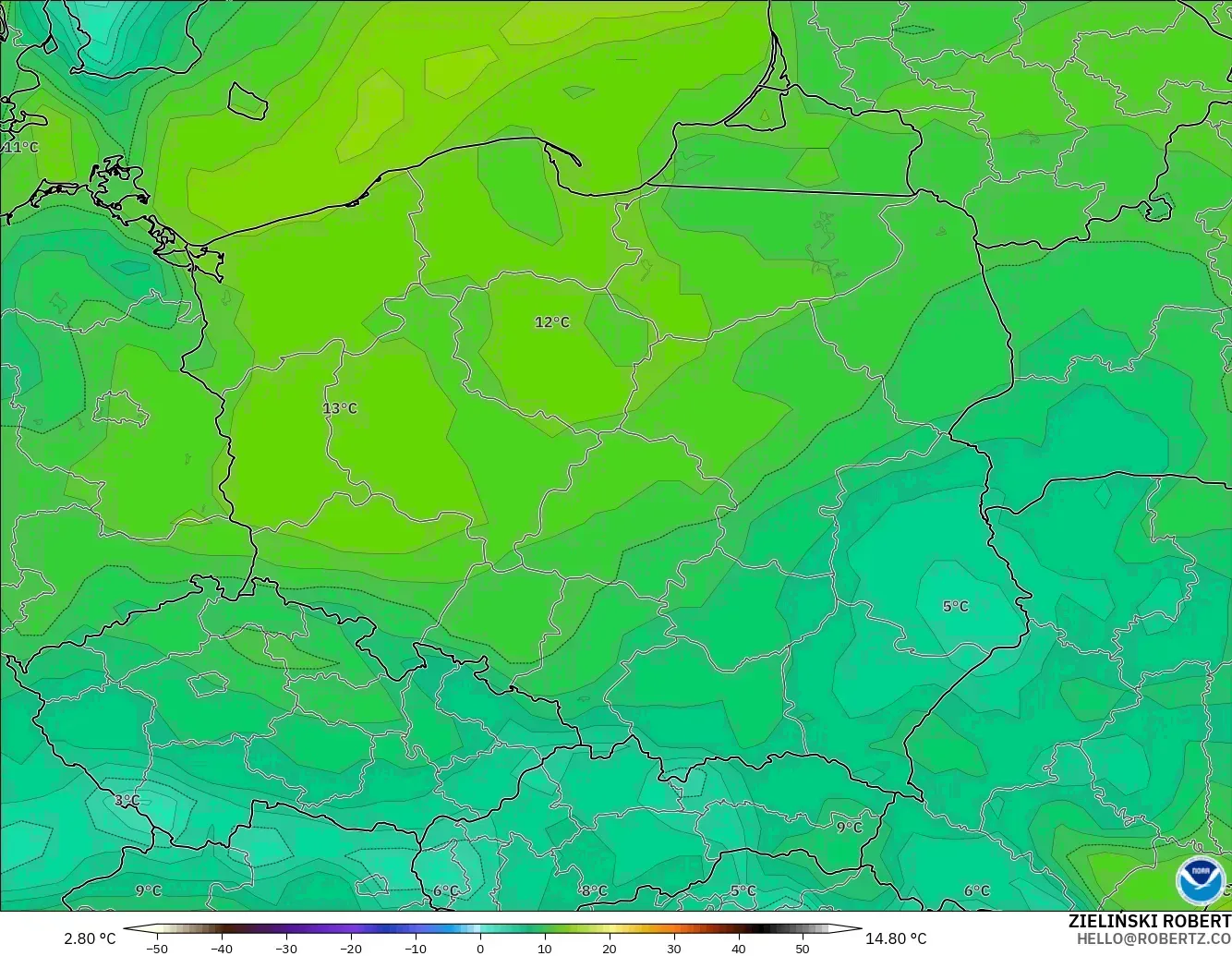 GFS modelo - Polonia, Punto de rocío a 2 m