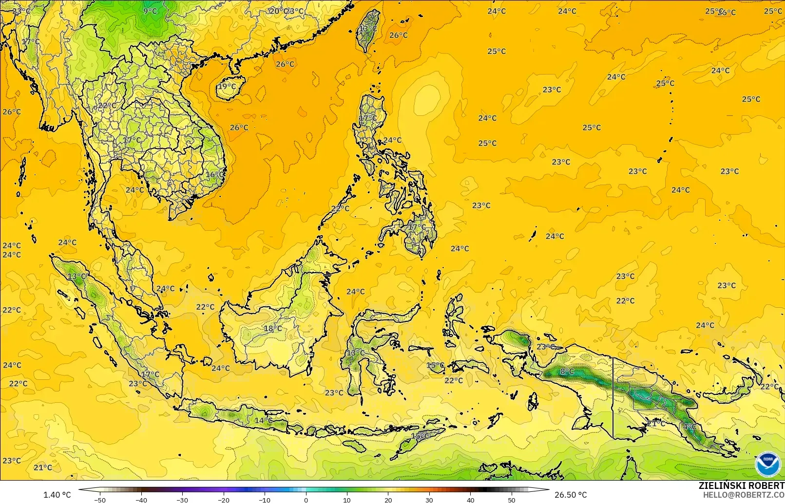 GFS modelo - Sudeste Asiático, Punto de rocío a 2 m