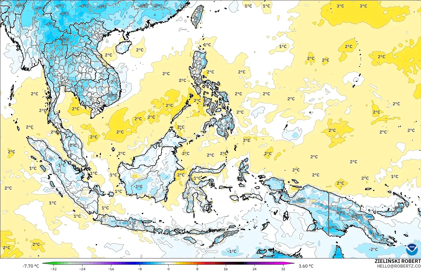 GFS modelo - Sudeste Asiático, Anomalía de temperatura a 2 m