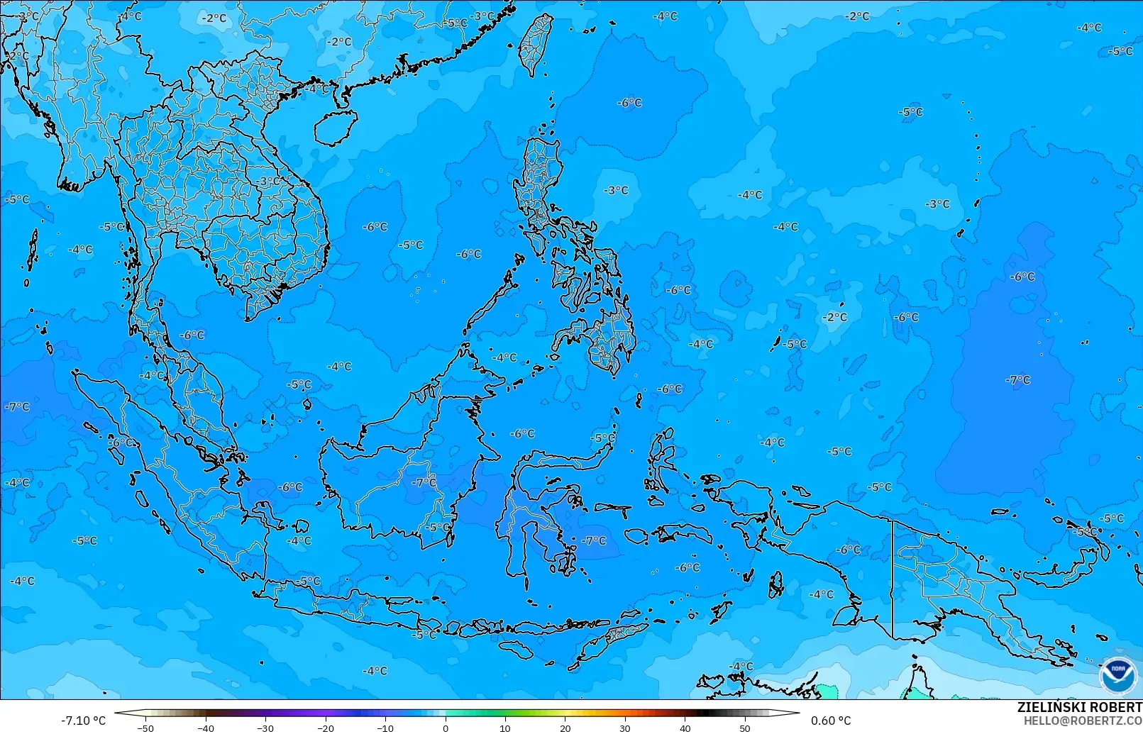 GFS modelo - Sudeste Asiático, Temperatura a 500 hPa