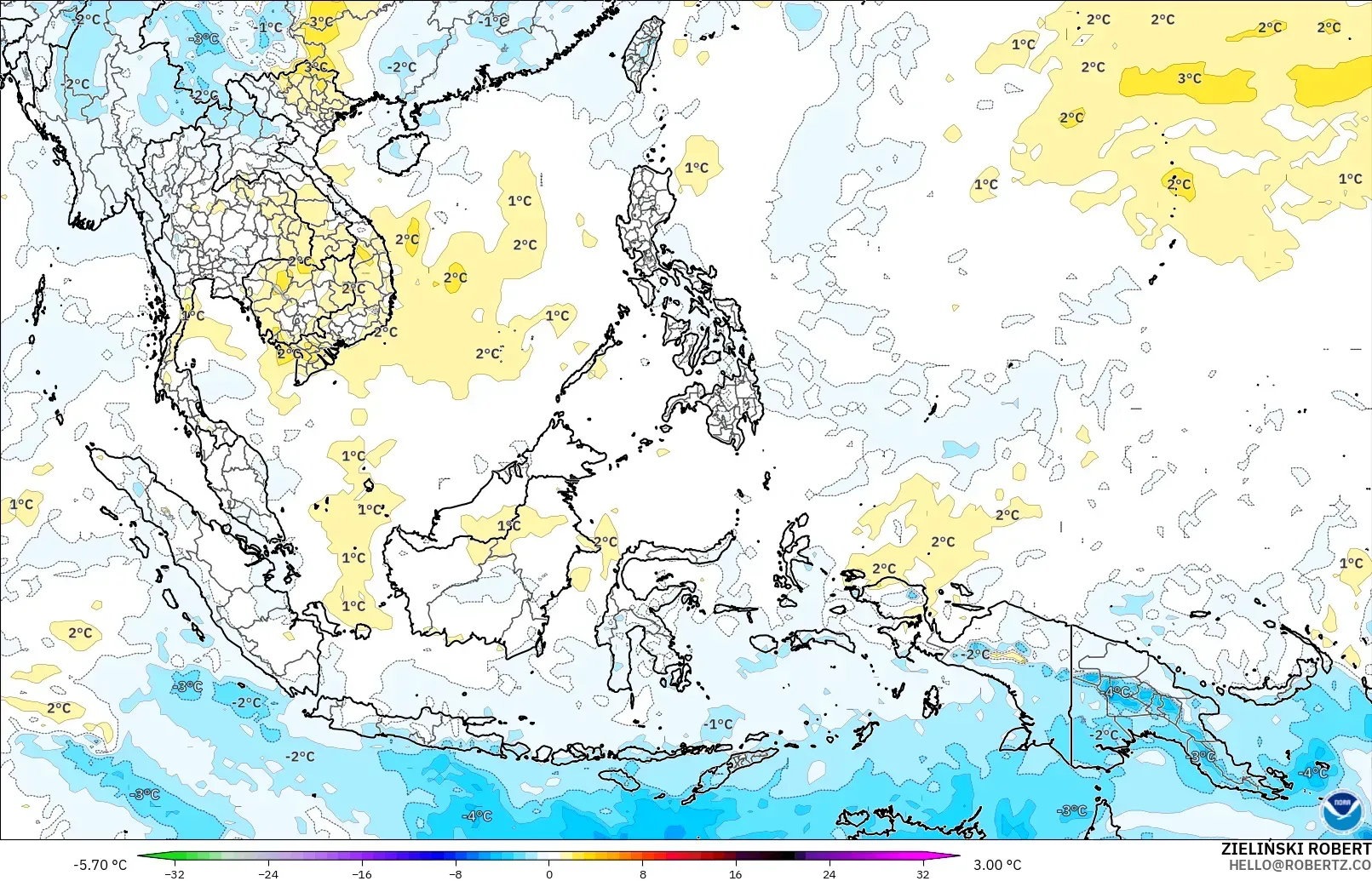 GFS modelo - Sudeste Asiático, Anomalía de temperatura a 850 hPa