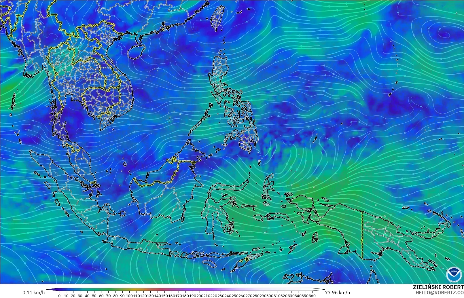 GFS modelo - Sudeste Asiático, Viento a 300 hPa (corriente en chorro)
