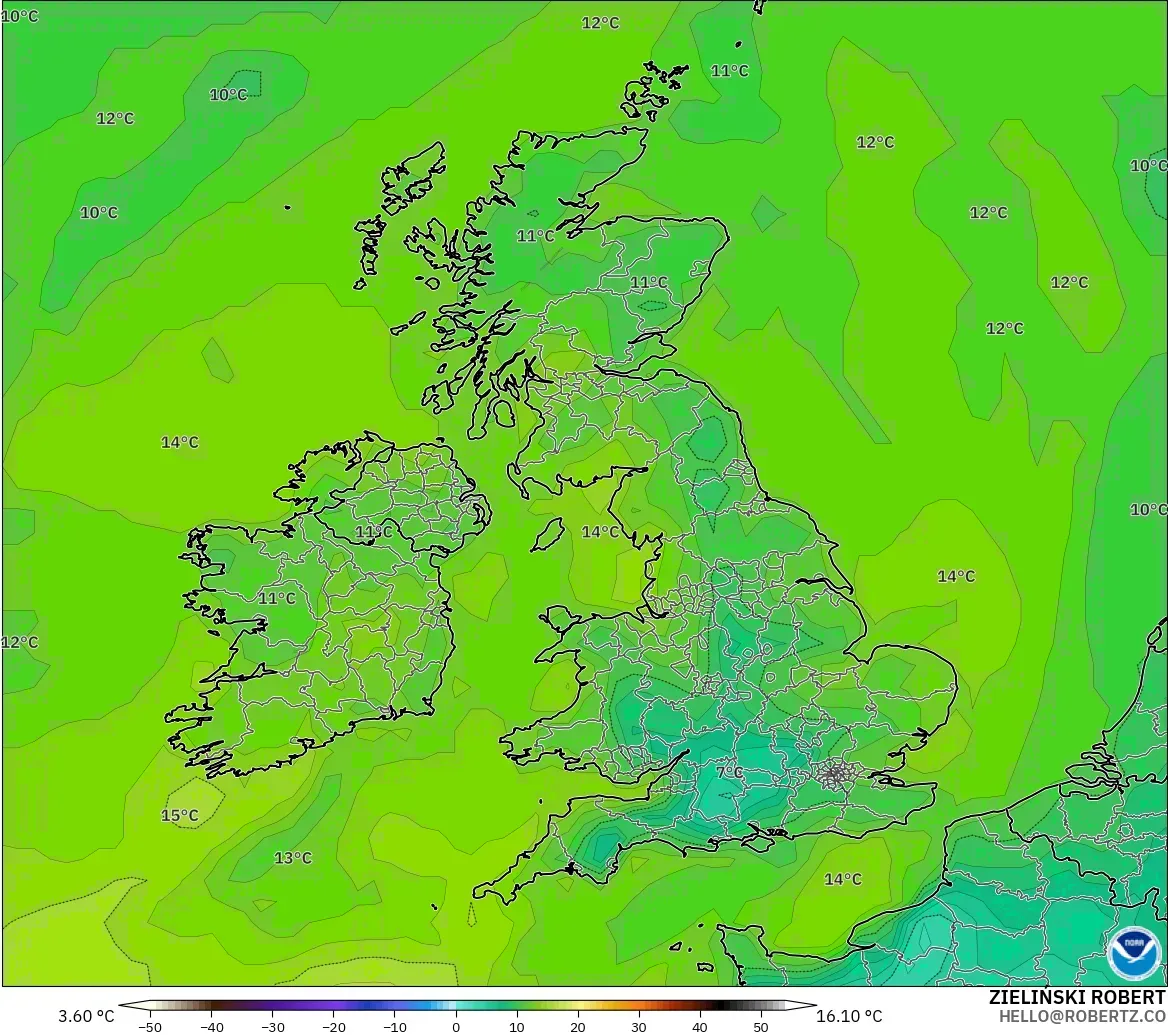 GFS modelo - Reino Unido, Punto de rocío a 2 m
