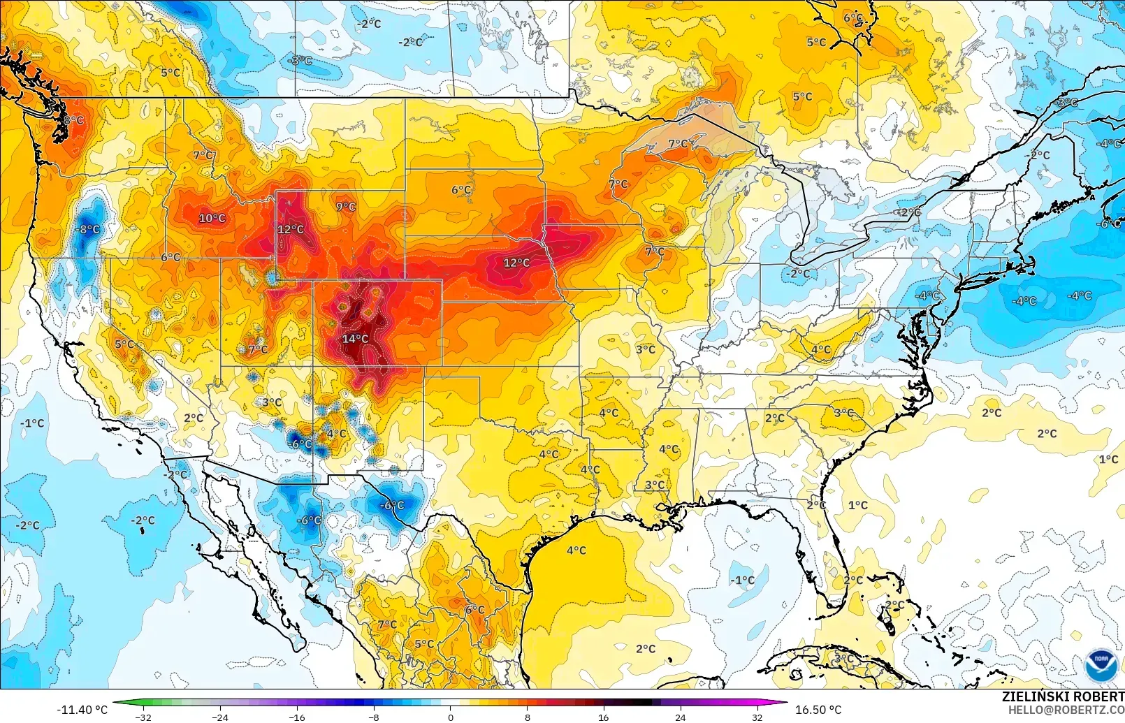 GFS modelo - Estados Unidos, Anomalía de temperatura a 850 hPa