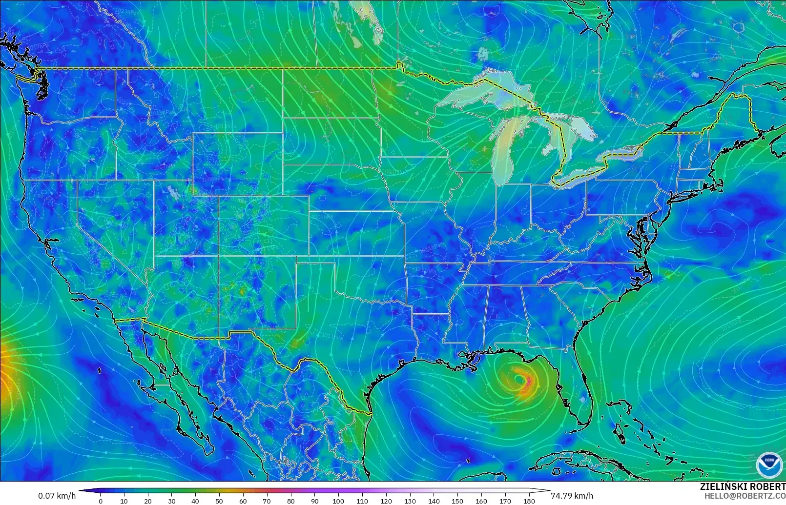 GFS modelo - Estados Unidos, Viento a 10 m