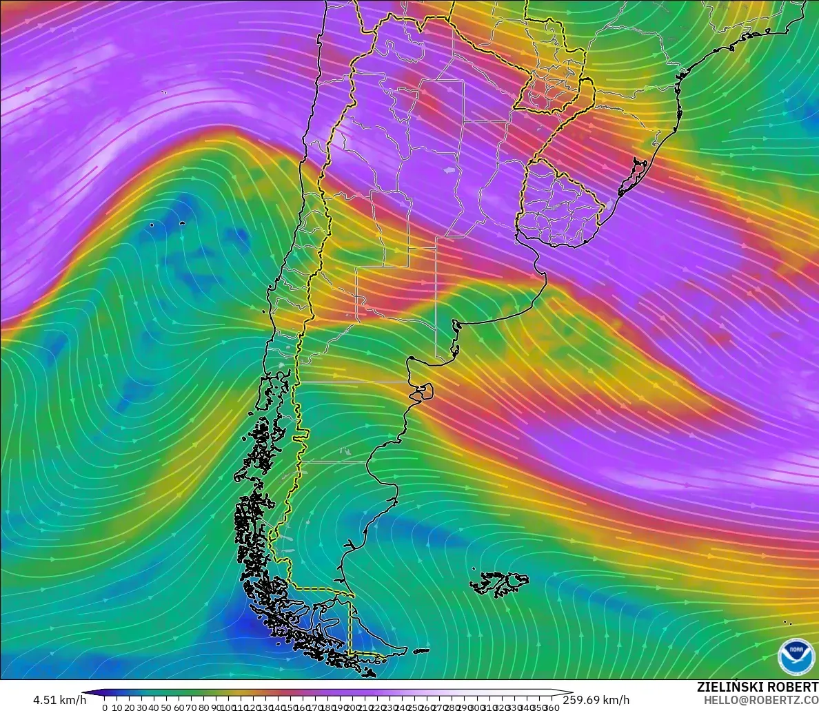 GFS modelo - Argentina, Viento a 300 hPa (corriente en chorro)