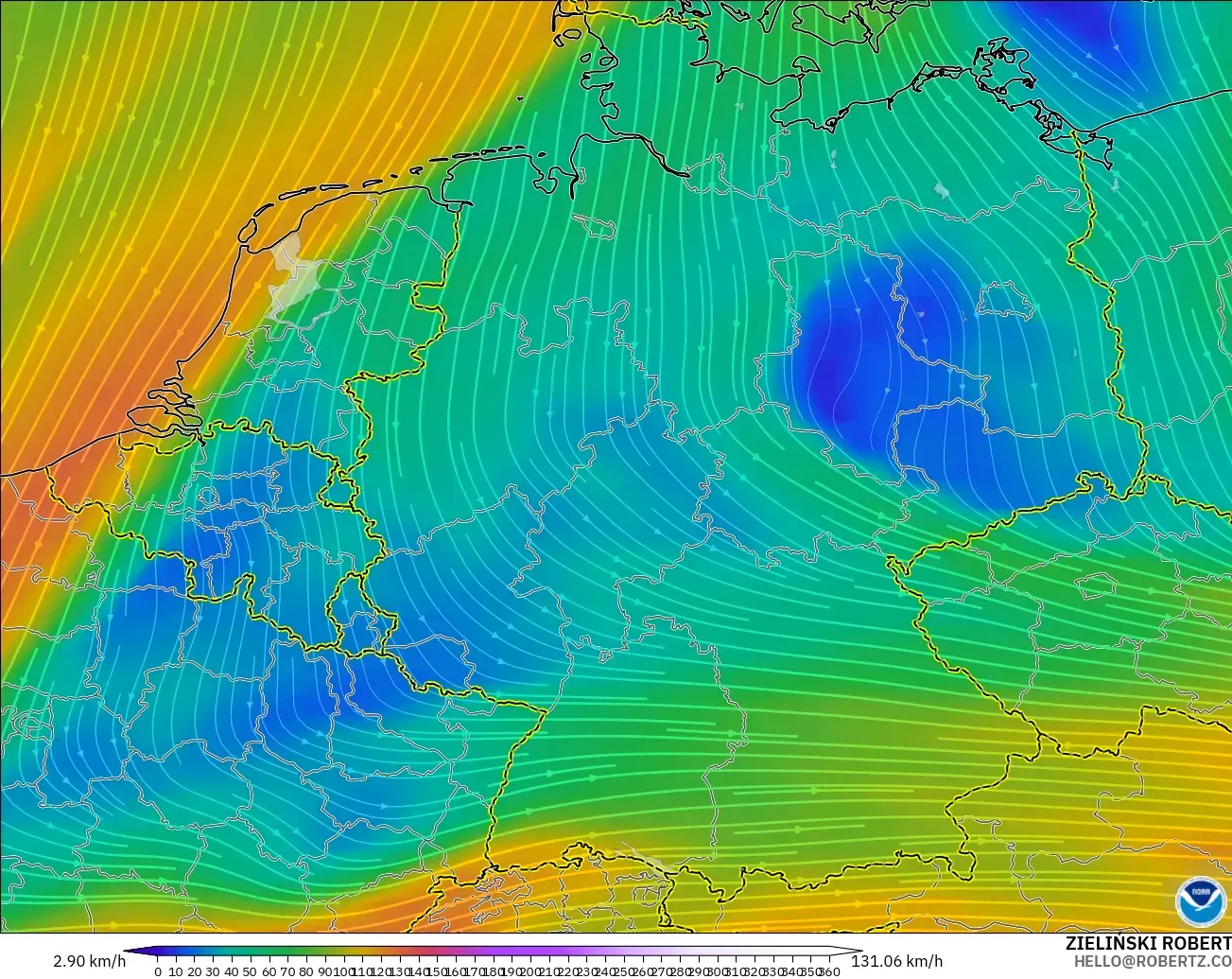 GFS modelo - Alemania, Viento a 300 hPa (corriente en chorro)