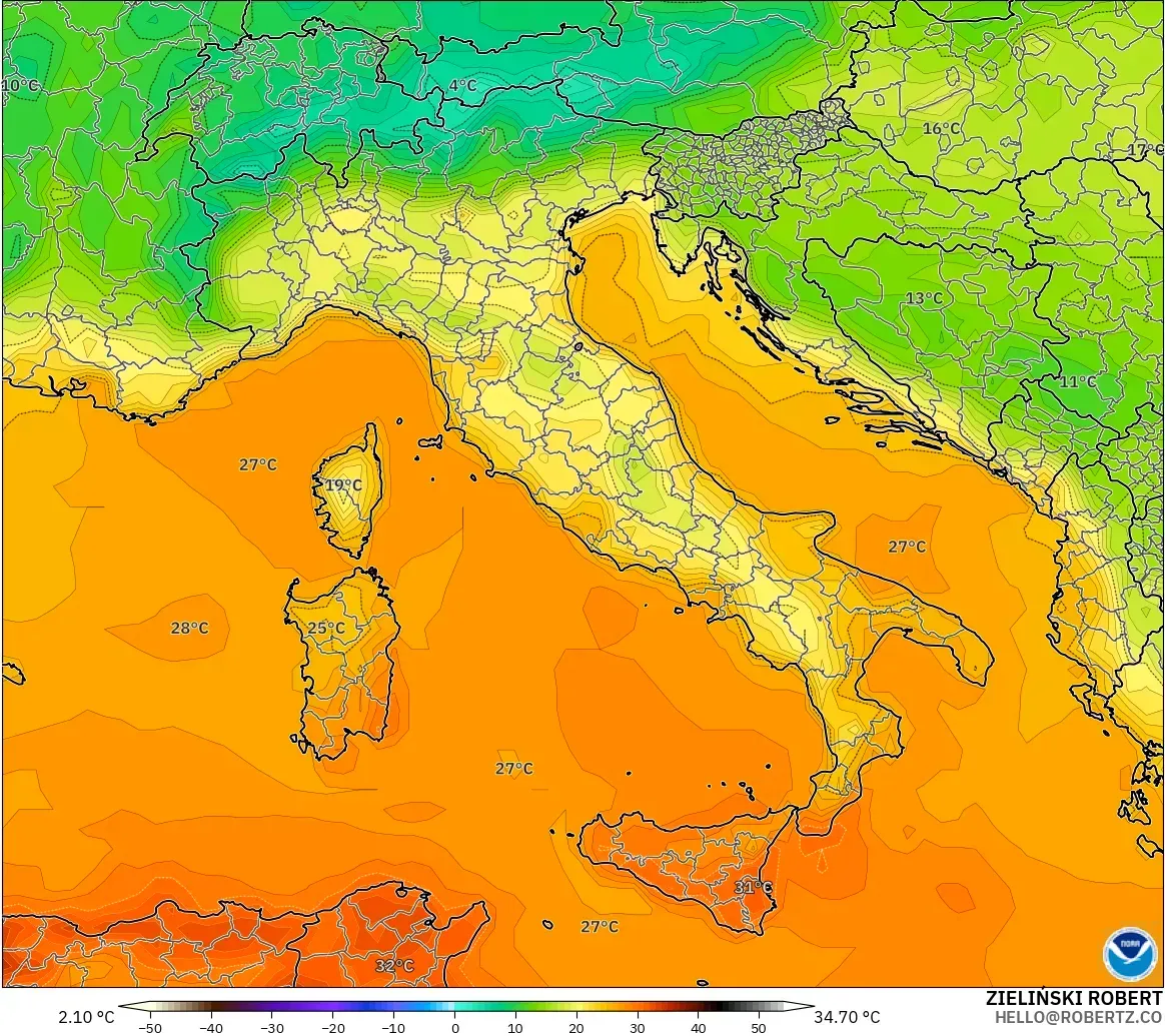 GFS modelo - Italia, Temperatura a 2 m