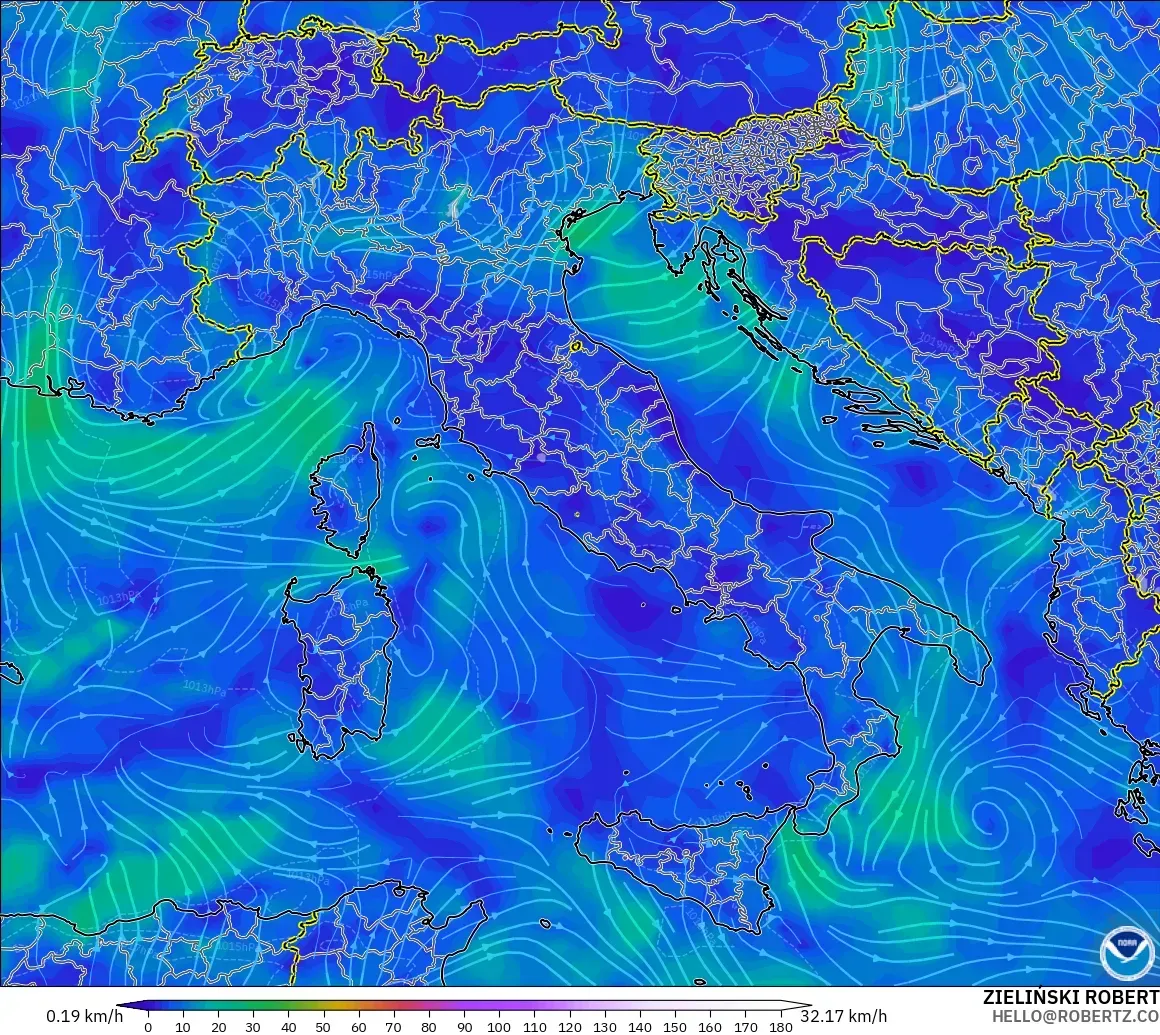 GFS modelo - Italia, Viento a 10 m