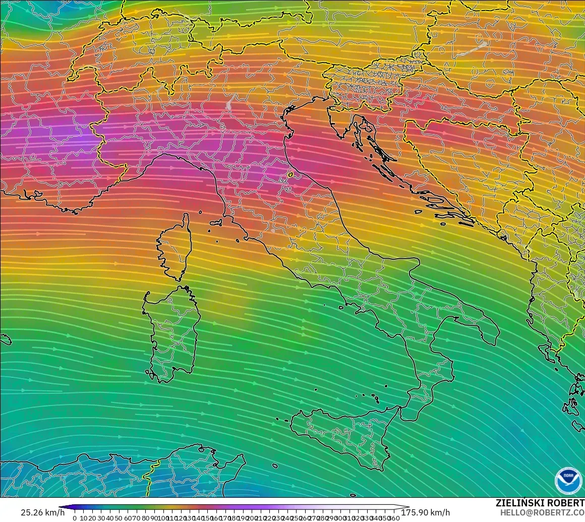 GFS modelo - Italia, Viento a 300 hPa (corriente en chorro)
