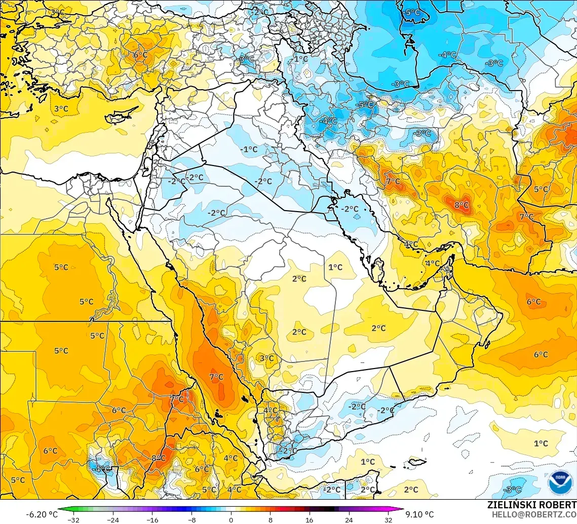 GFS modelo - Oriente Medio, Anomalía de temperatura a 850 hPa