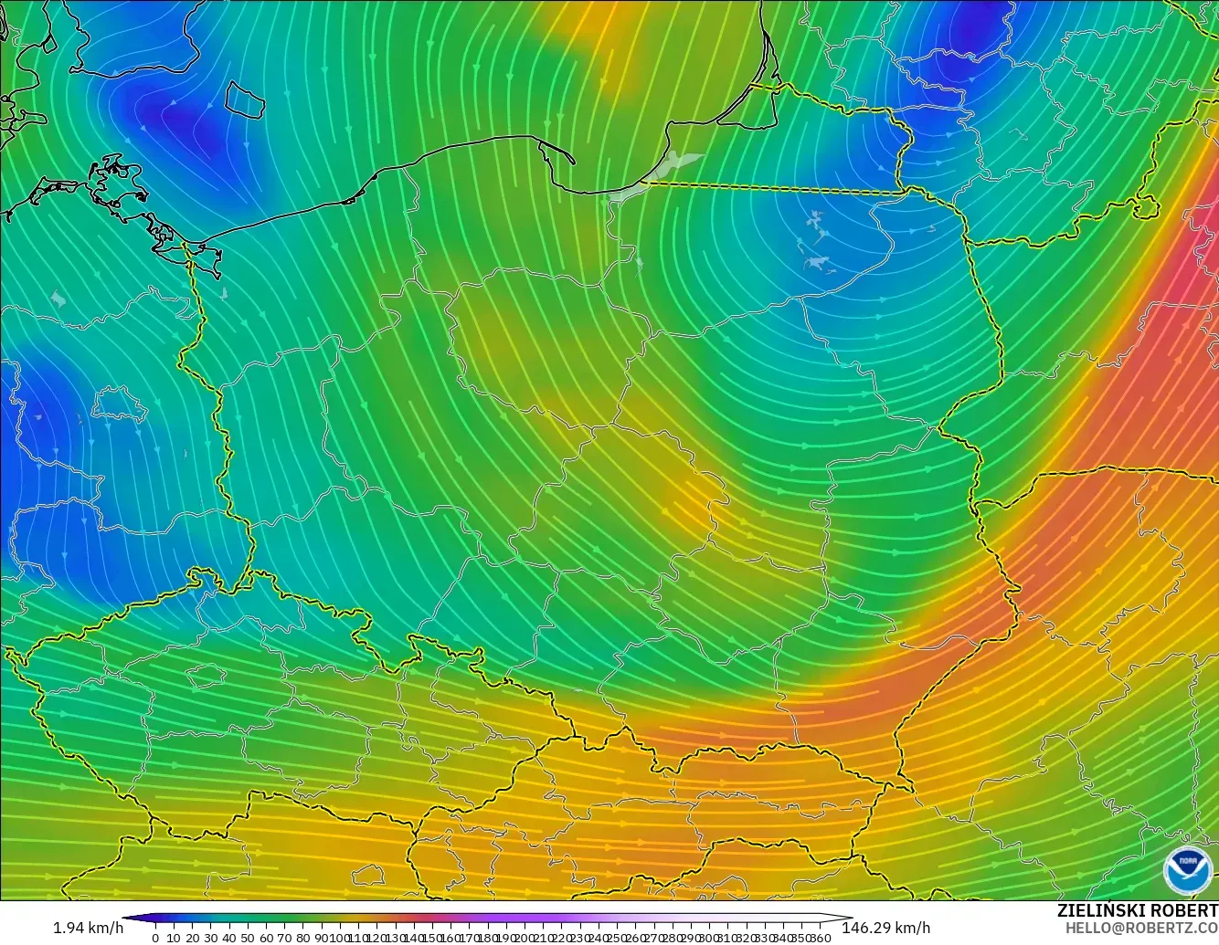 GFS modelo - Polonia, Viento a 300 hPa (corriente en chorro)
