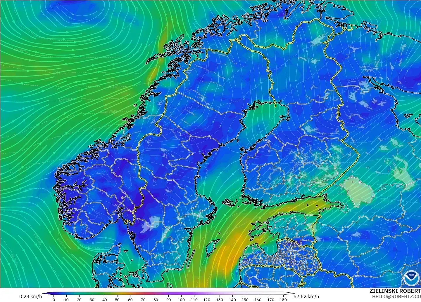 GFS modelo - Escandinavia, Viento a 10 m