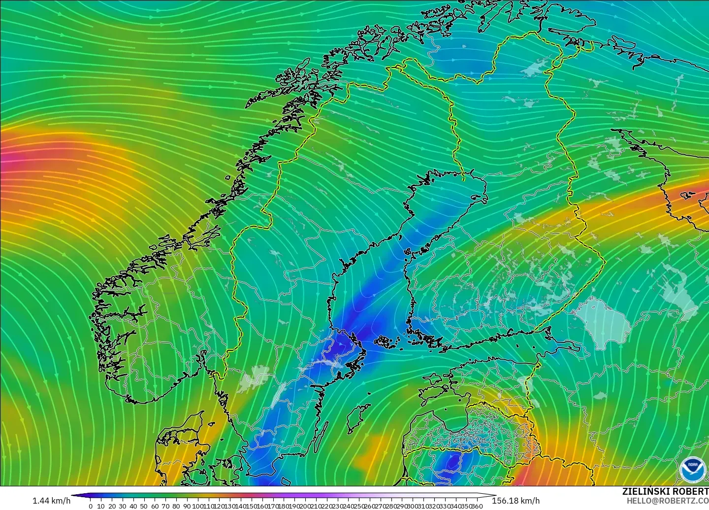 GFS modelo - Escandinavia, Viento a 300 hPa (corriente en chorro)