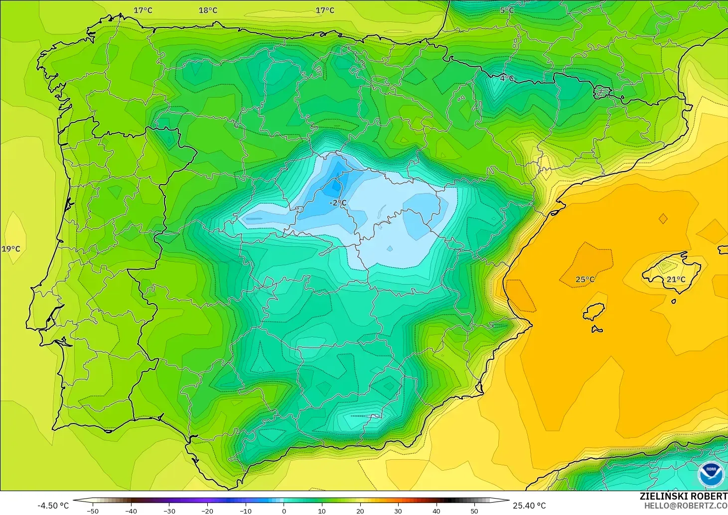 GFS modelo - España, Punto de rocío a 2 m