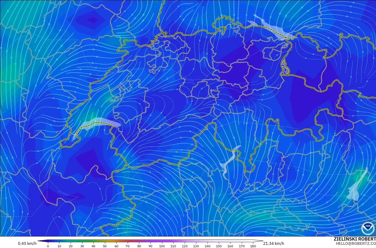 GFS modelo - Suiza, Viento a 10 m