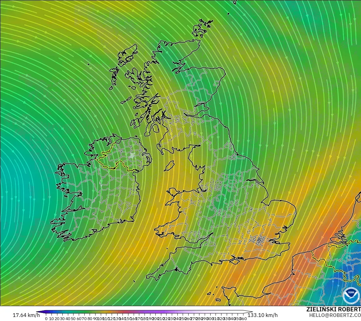 GFS modelo - Reino Unido, Viento a 300 hPa (corriente en chorro)