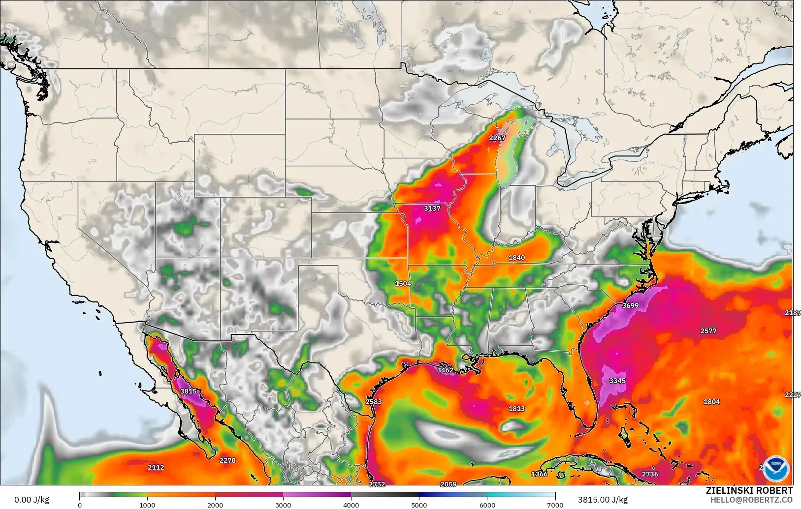 GFS modelo - Estados Unidos, CAPE