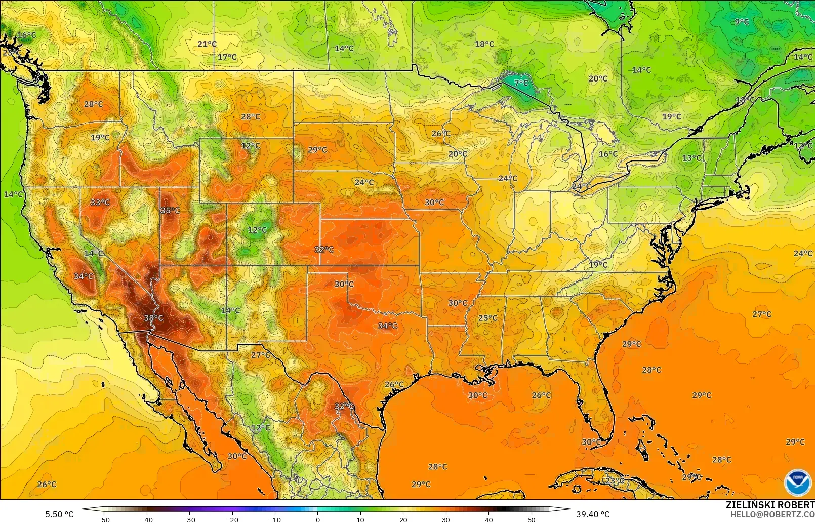 GFS modelo - Estados Unidos, Temperatura a 2 m