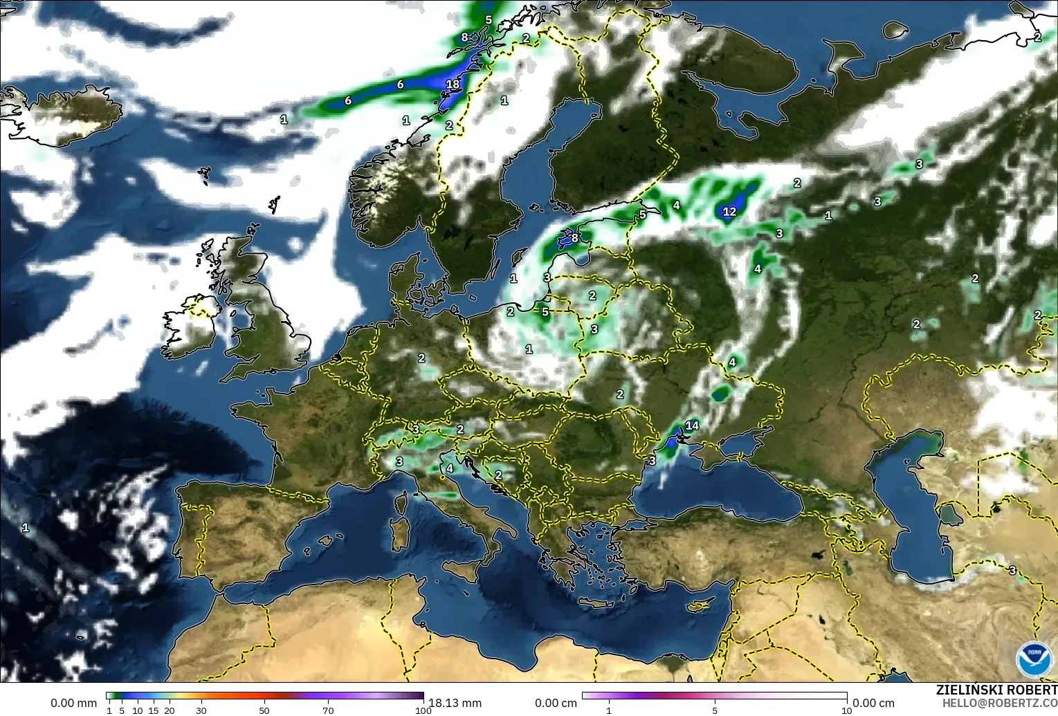 GFS modelo - Europa, Precipitación, nubes y presión