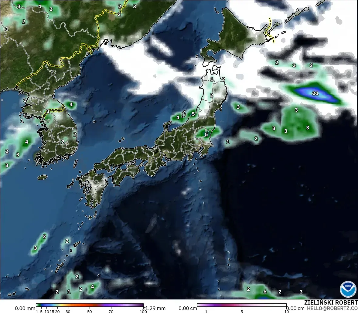 GFS modelo - Japón, Precipitación, nubes y presión
