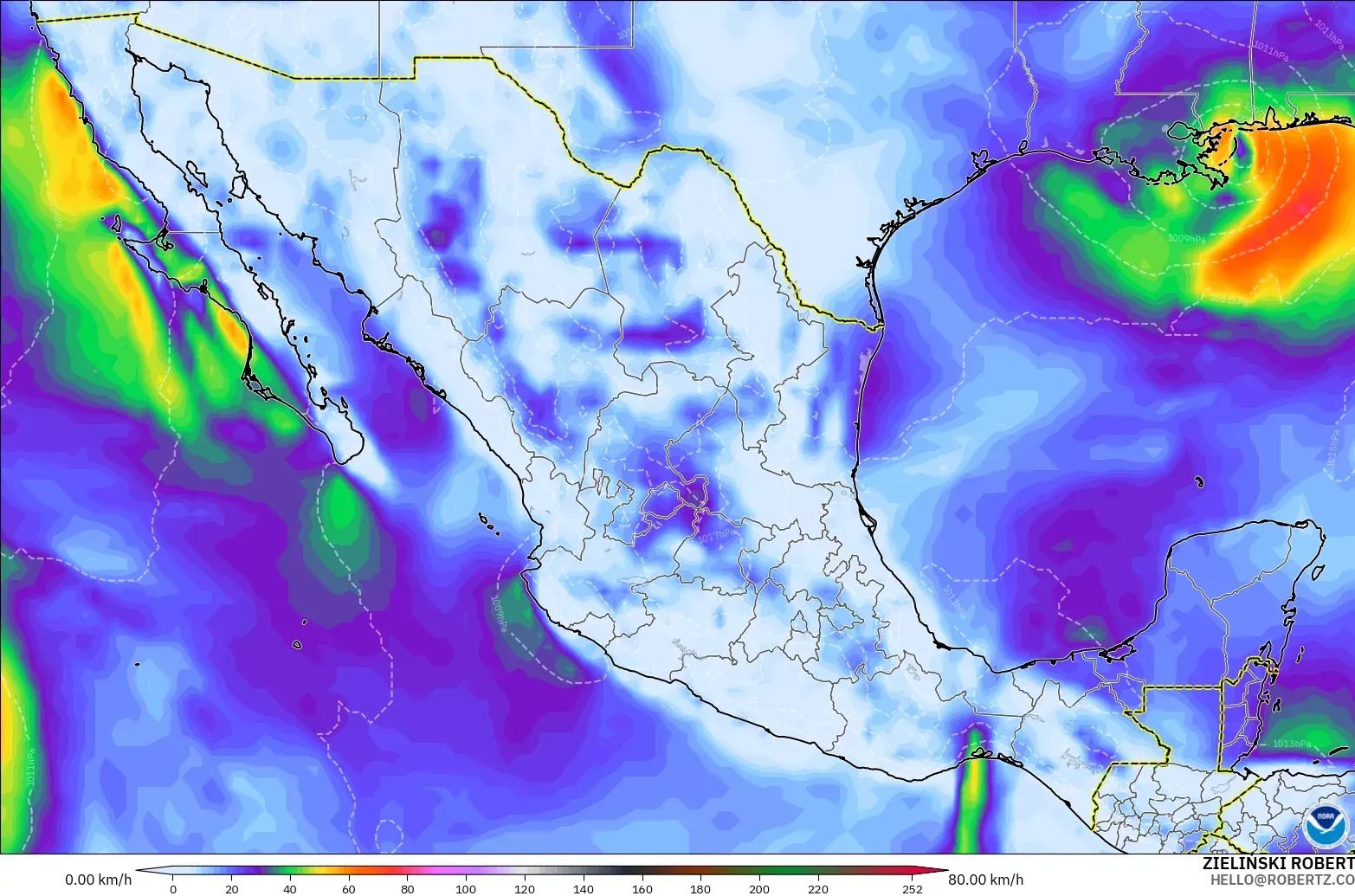 GFS modelo - México, Ráfagas de viento