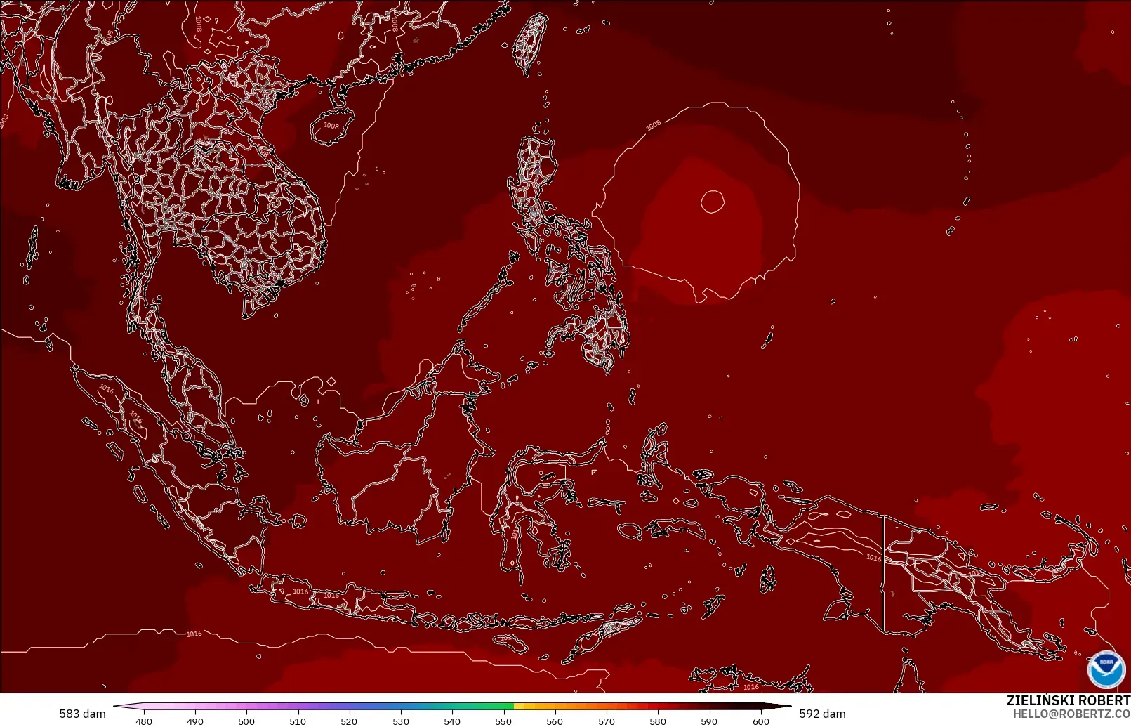 GFS modelo - Sudeste Asiático, Altura geopotencial a 500 hPa