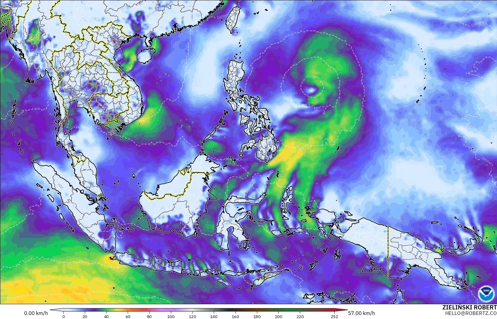GFS modelo - Sudeste Asiático, Ráfagas de Viento Máximas