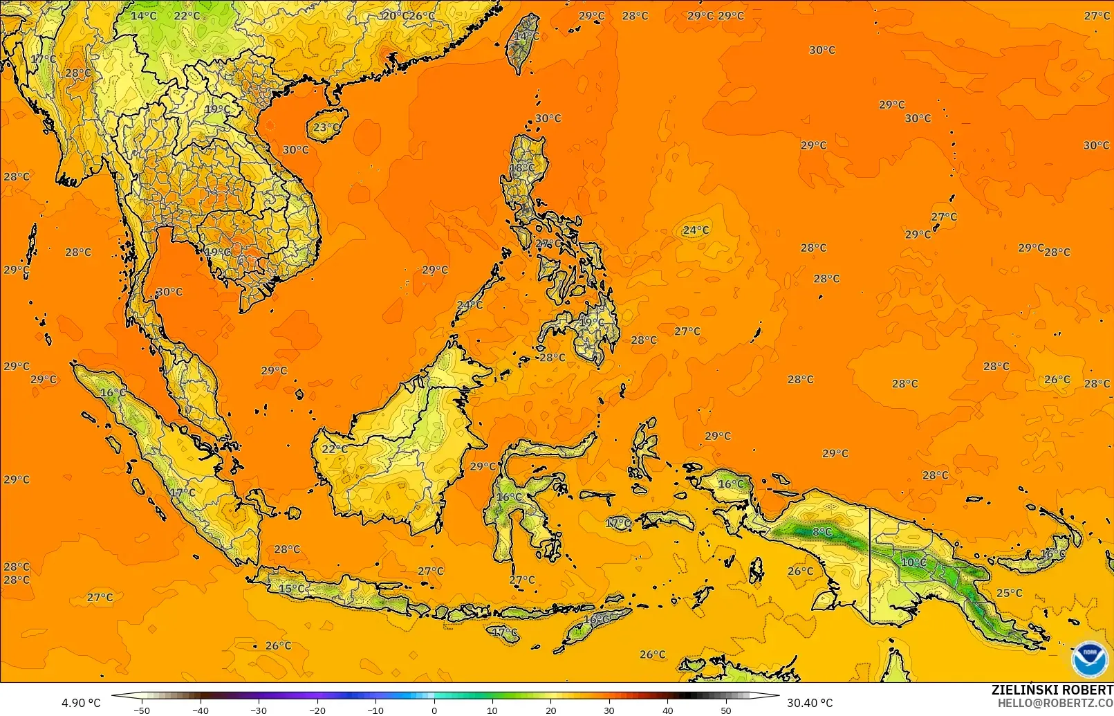 GFS modelo - Sudeste Asiático, Temperatura a 2 m