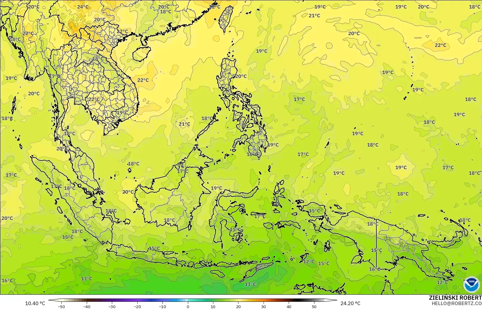 GFS modelo - Sudeste Asiático, Temperatura a 850 hPa