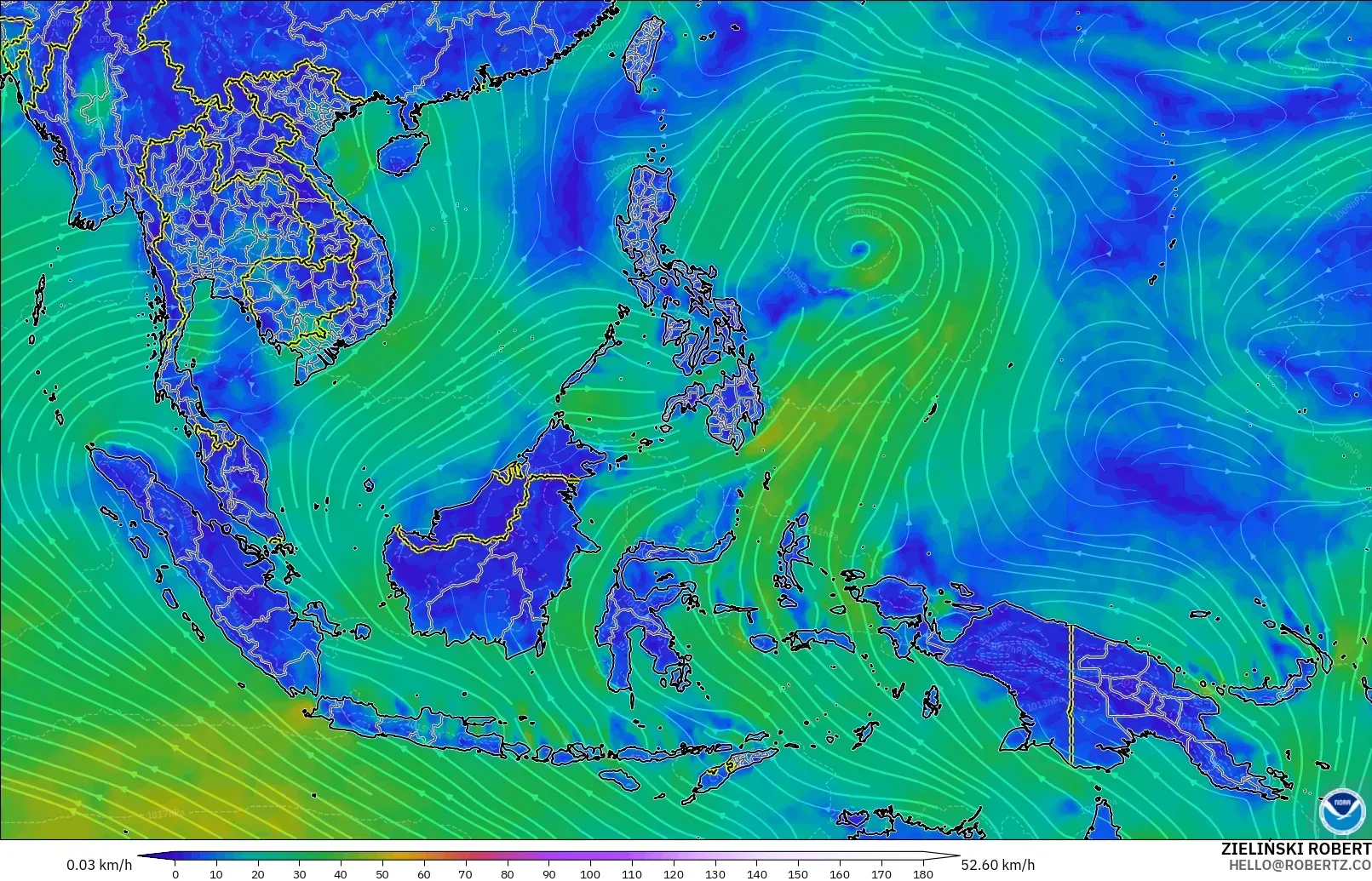 GFS modelo - Sudeste Asiático, Viento a 10 m